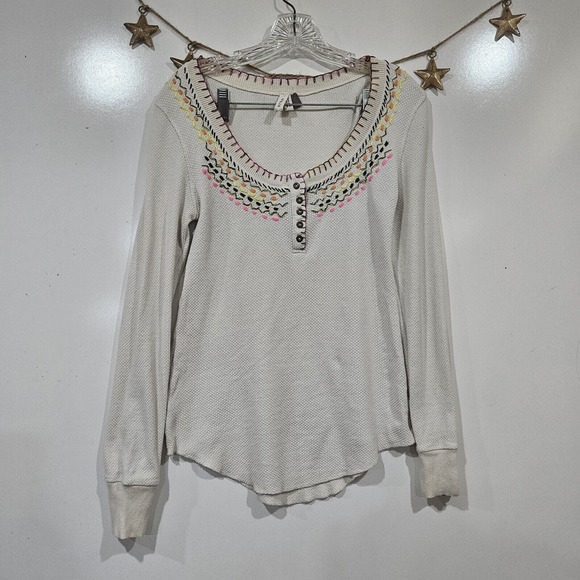We The Free Embroidered Scoop Neck Henley Thermal Ivory Boho Top Size Large - Picture 1 of 9